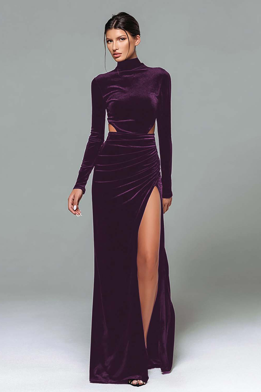 Black Velvet Sheath High Neck Cut Out Maxi Holiday Party Dress with Slit