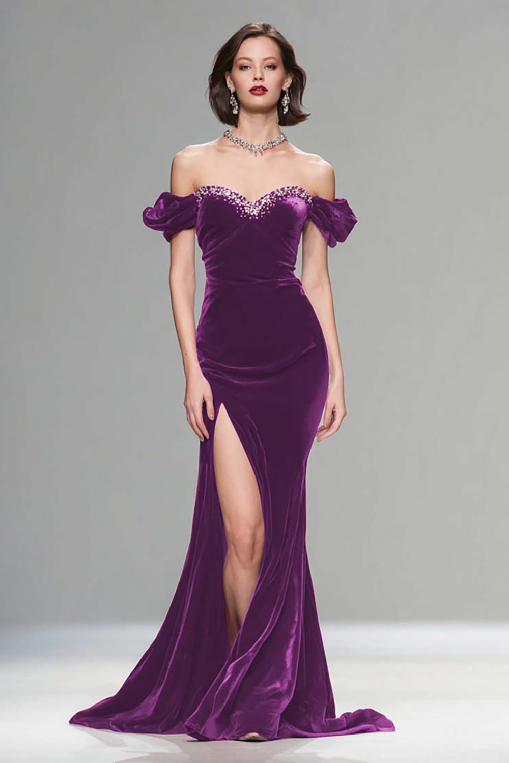 Burgundy Velvet Mermaid Long Holiday Party Dress with Beading