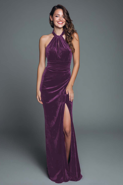 Burgundy Halter Mermaid Velvet Maxi Holiday Party Dress with Slit
