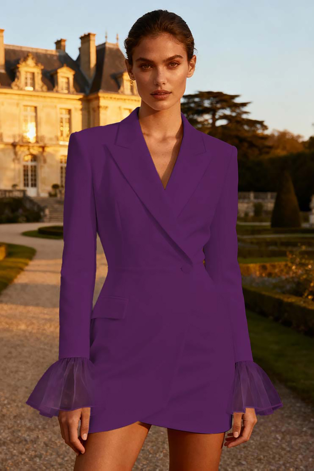 Leely Women Simple White Short Blazer Wedding Dress Single Breasted Peak Lapel Bridal Blazer Dress with Sleeves Elopement Dress