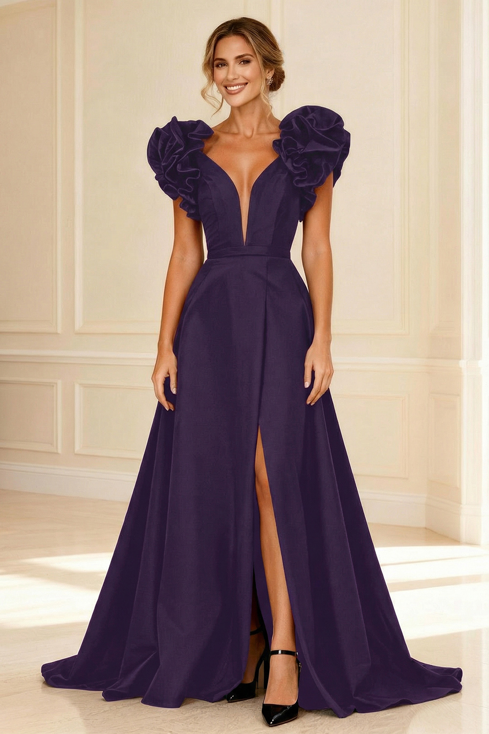 Black Deep V-Neck Ruffled Long Mother of the Bride Dress with Slit