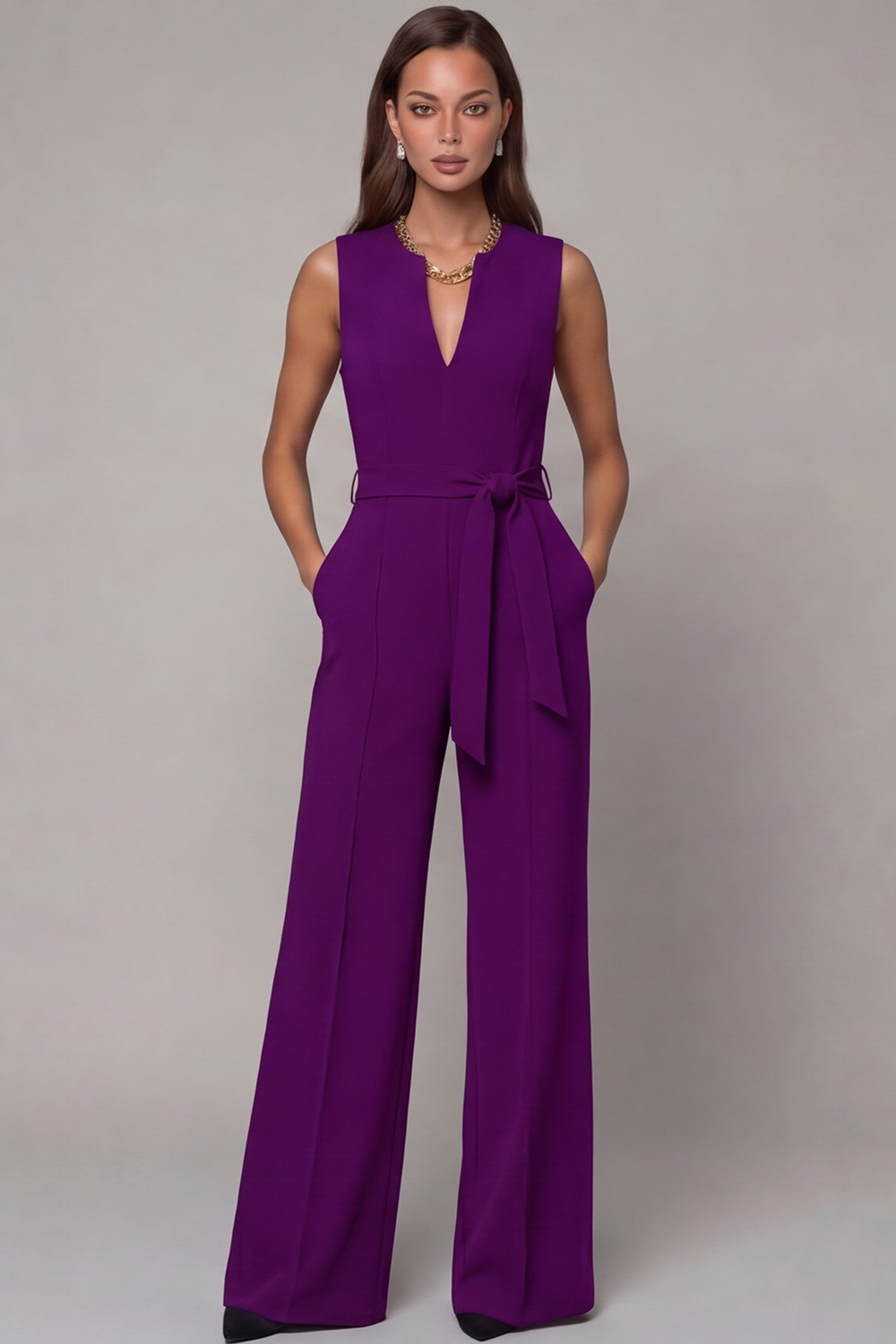 Navy V Neck Sleeveless Long Work Jumpsuit with Pockets