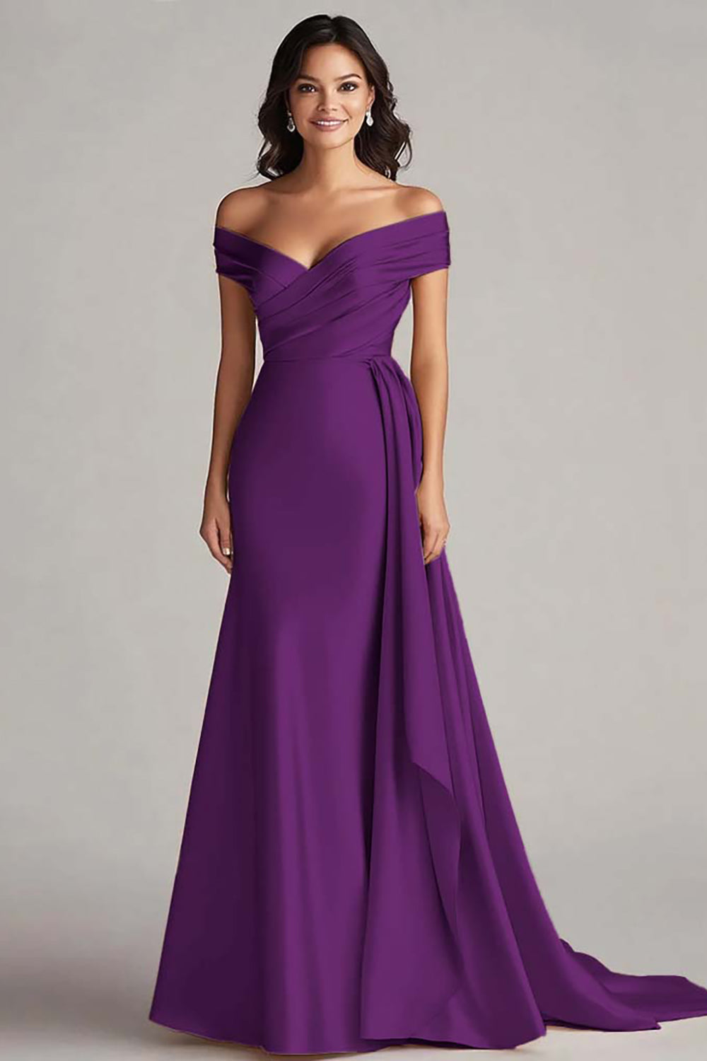 Champagne Off the Shoulder Mermaid Satin Maxi Formal Dress with Drape