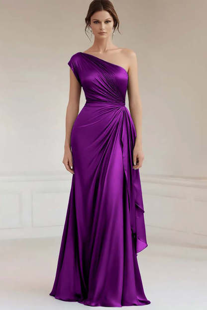 Grey Blue One Shoulder Sheath Maxi Formal Dress with Ruffles