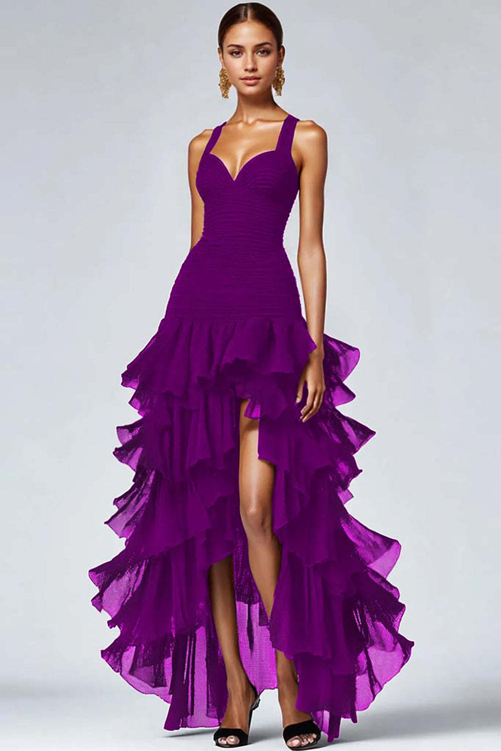 Black Spaghetti Straps Ruffled Long Formal Dress with Slit