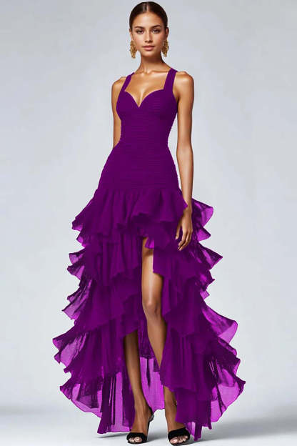 Black Spaghetti Straps Ruffled Long Formal Dress with Slit