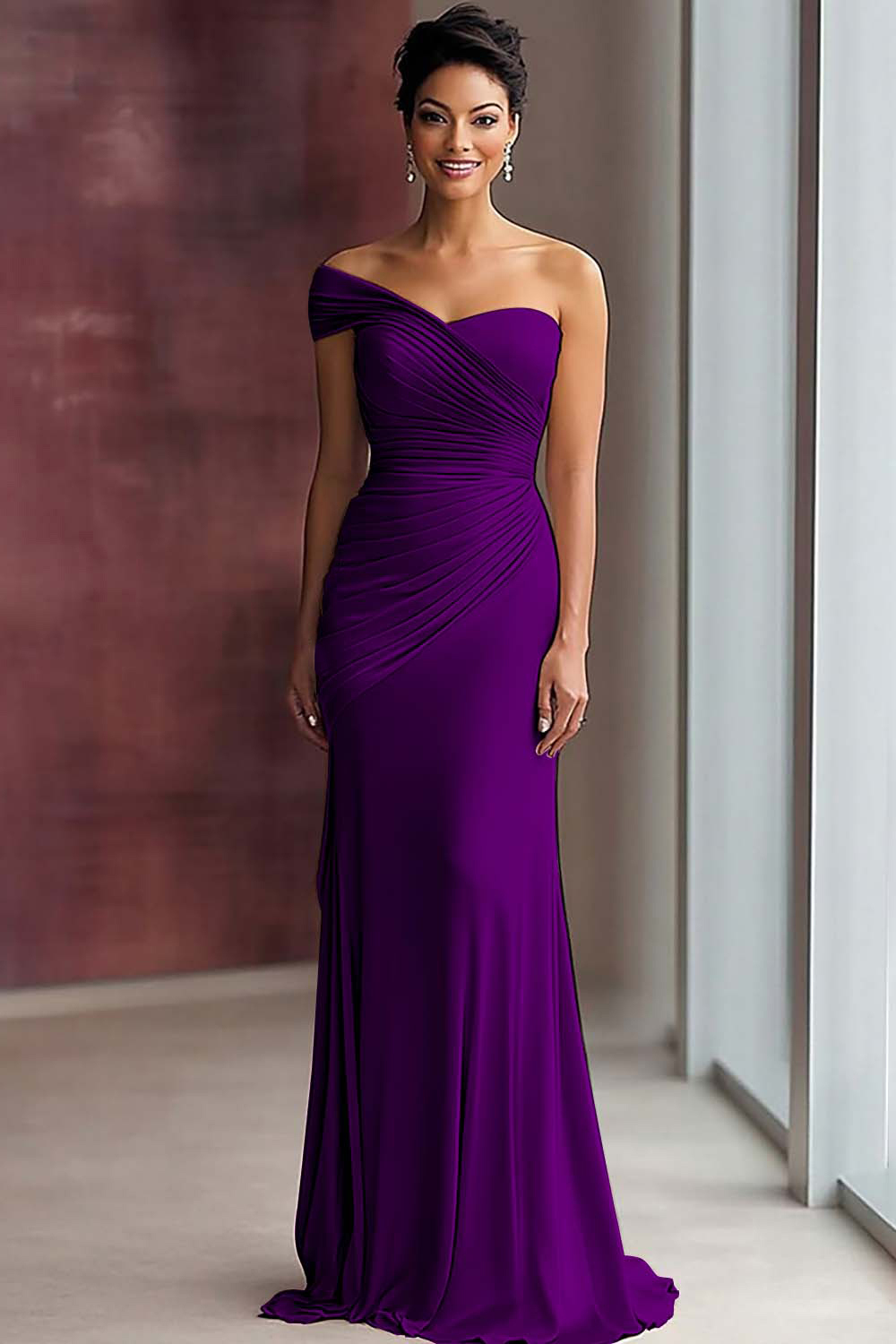 Light Khaki One Shoulder Sheath Ruched Gala Dress