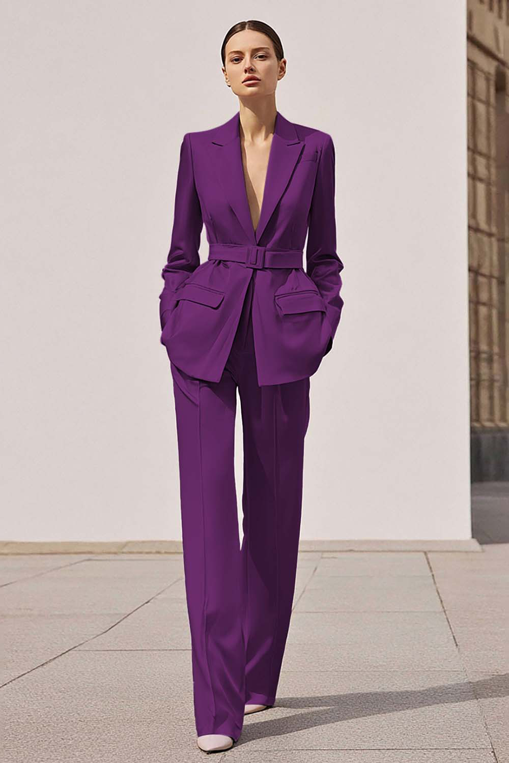 Satin Lilac Notched Lapel 2 Piece Long Sleeves Business Suits with Belt