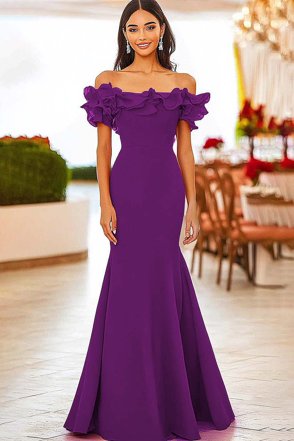 Red Off the Shoulder Mermaid Ruffled Formal Dress