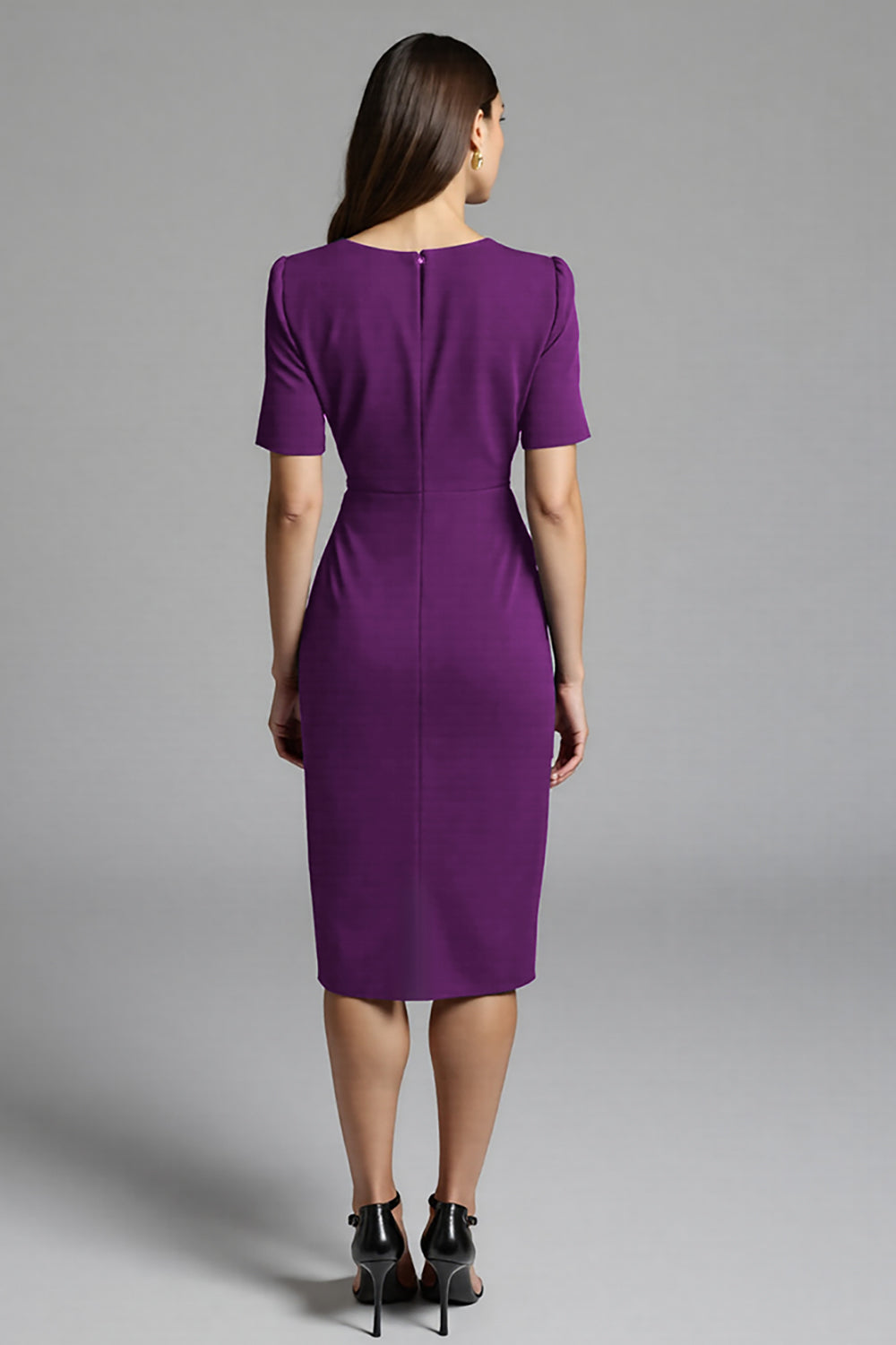 Navy Bodycon V-Neck Satin Midi Work Dress with Sleeves