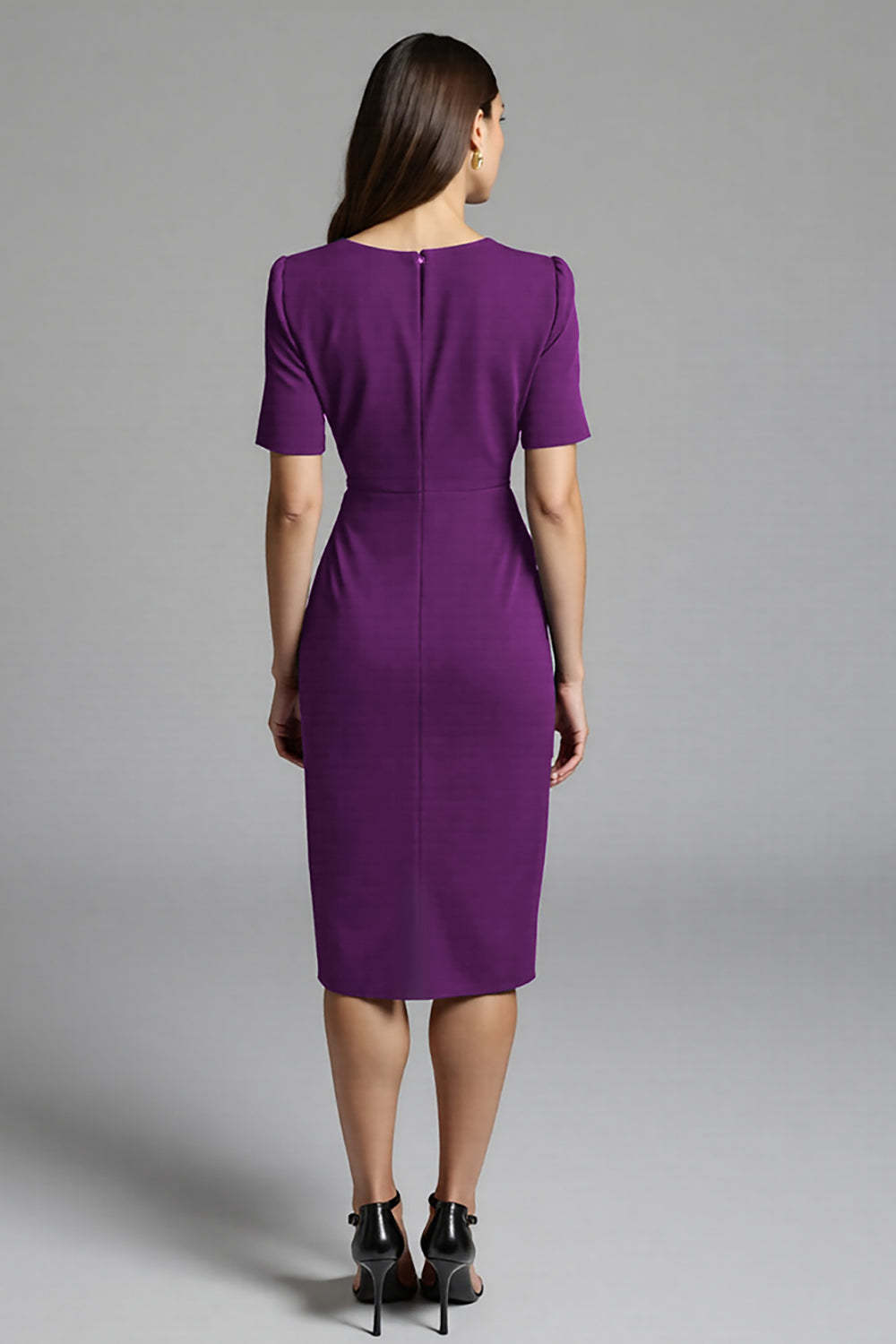 Navy Bodycon V-Neck Satin Midi Work Dress with Sleeves