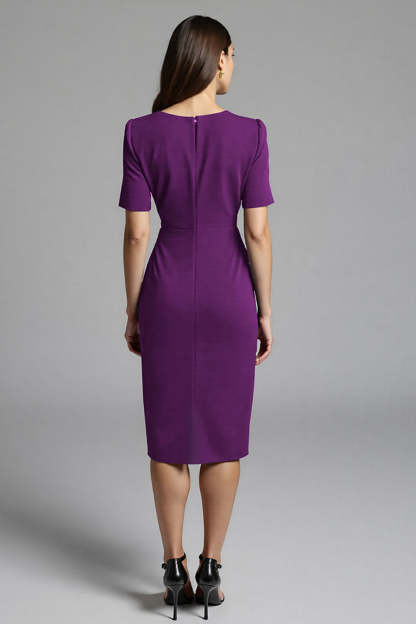 Navy Bodycon V-Neck Satin Midi Work Dress with Sleeves