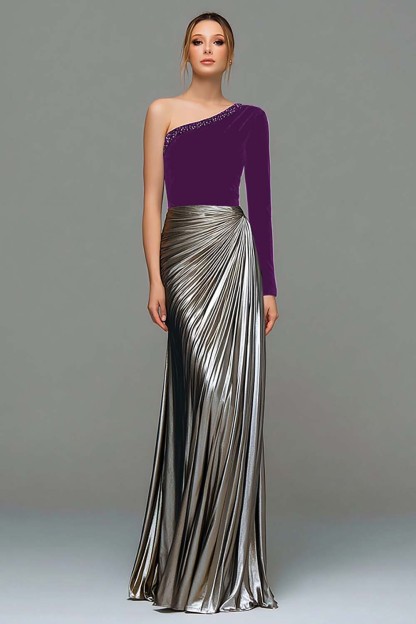 Metallic Black and Grey One Shoulder Velvet Long Holiday Party Dress