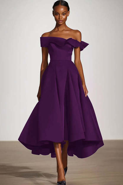 Leely Women Plum Ruffled A Line Tea-Length Formal Dress Off the Shoulder Satin Evening Dress