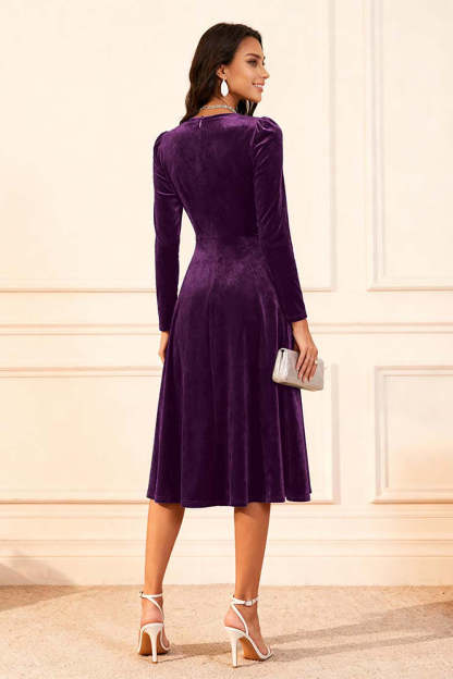 Dark Green Velvet A Line Midi Glitter Holiday Party Dress with Sleeves