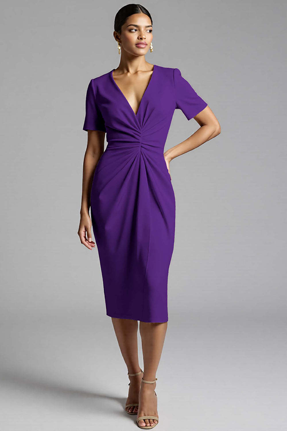 Champagne V-Neck Bodycon Midi Satin Work Dress with Sleeves