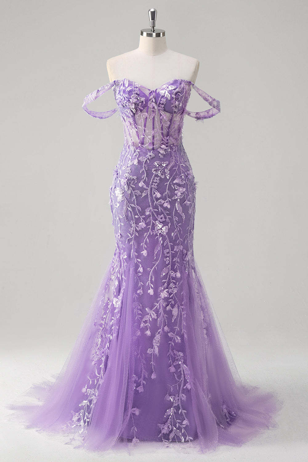 Leely Women Blue Corset Applique Mermaid Prom Dress with Sequins Off the Shoulder Sweep Train Formal Gala Dress