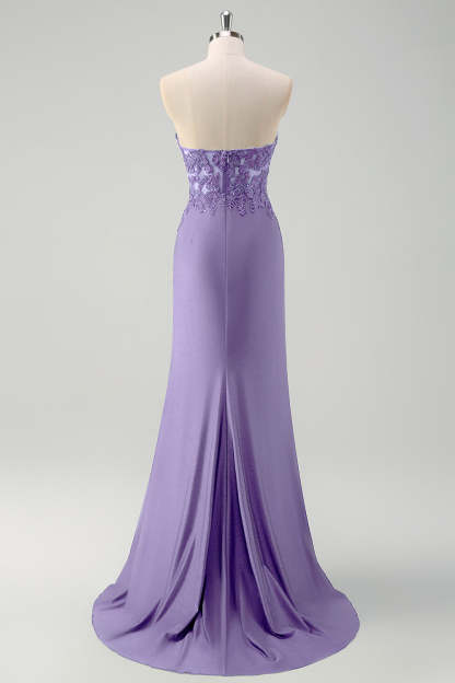 Green Mermaid Applique Strapless Ruched Prom Dress with Slit