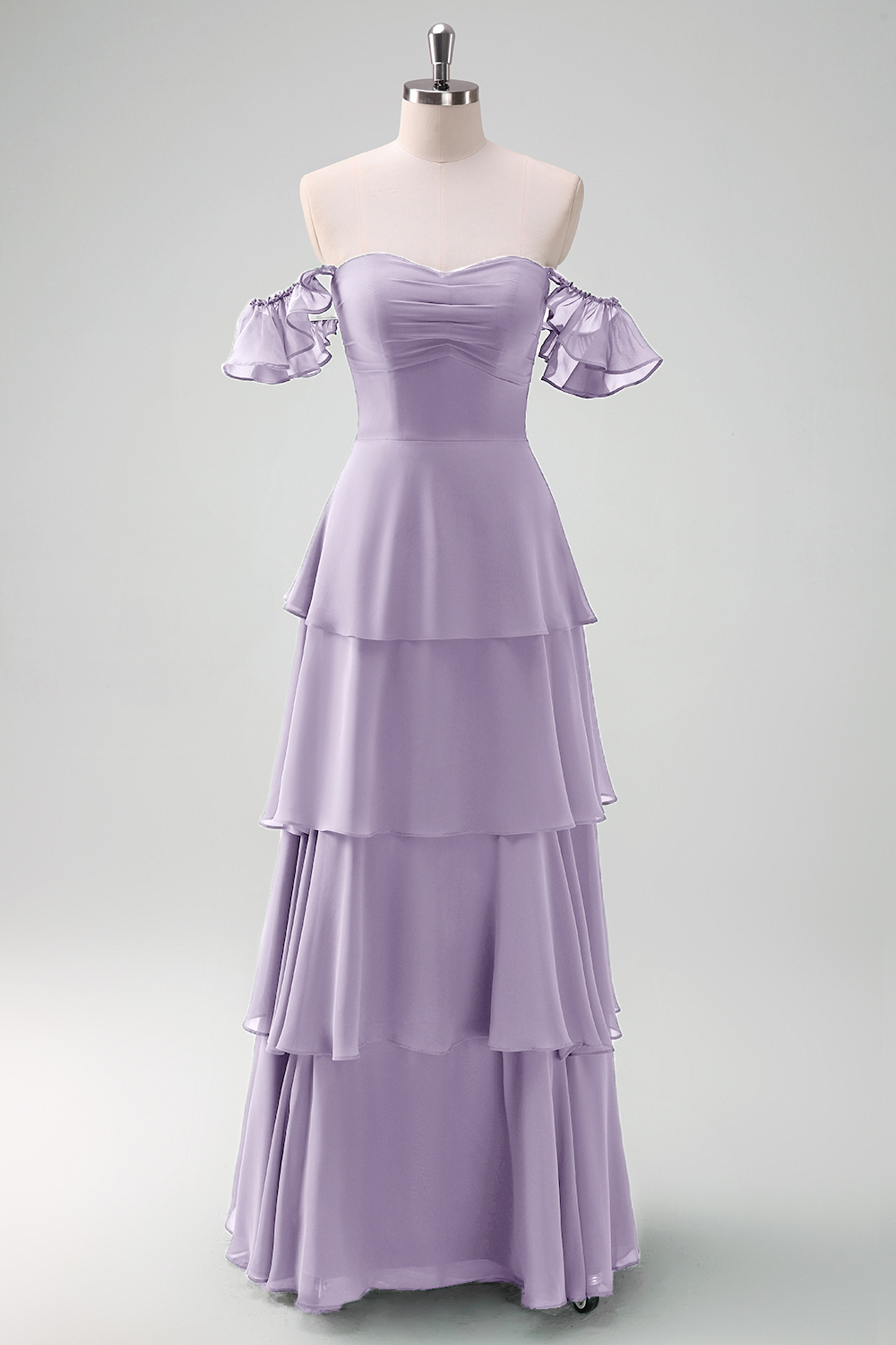 Eucalyptus Off the Shoulder Tiered Chiffon Bridesmaid Dress