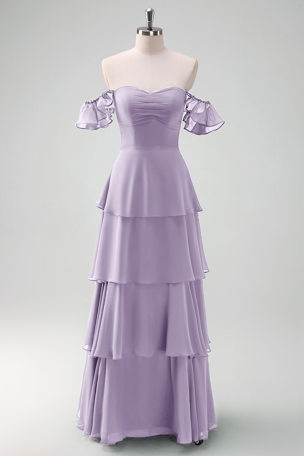 Eucalyptus Off the Shoulder Tiered Chiffon Bridesmaid Dress