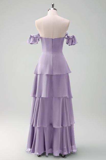 Eucalyptus Off the Shoulder Tiered Chiffon Bridesmaid Dress