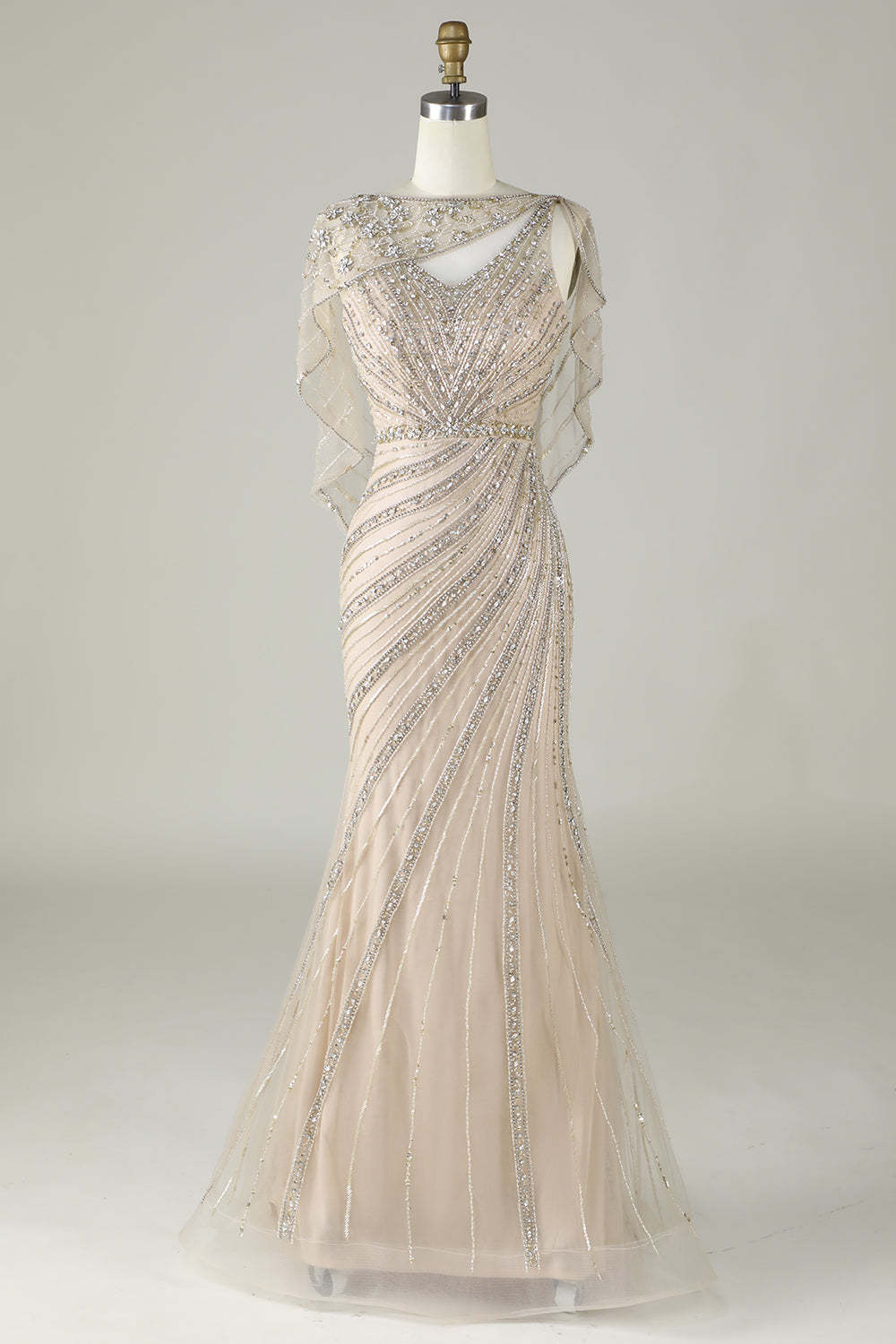 Leely Women Sparkly Champagne Beaded Mermaid Long Prom Dress with Wrap Spaghetti Straps Formal Evening Gala Dress