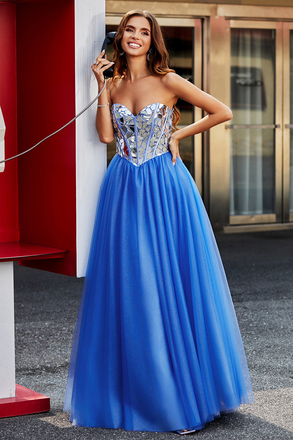Royal Blue A Line Sweetheart Long Mirrors Corset Prom Dress