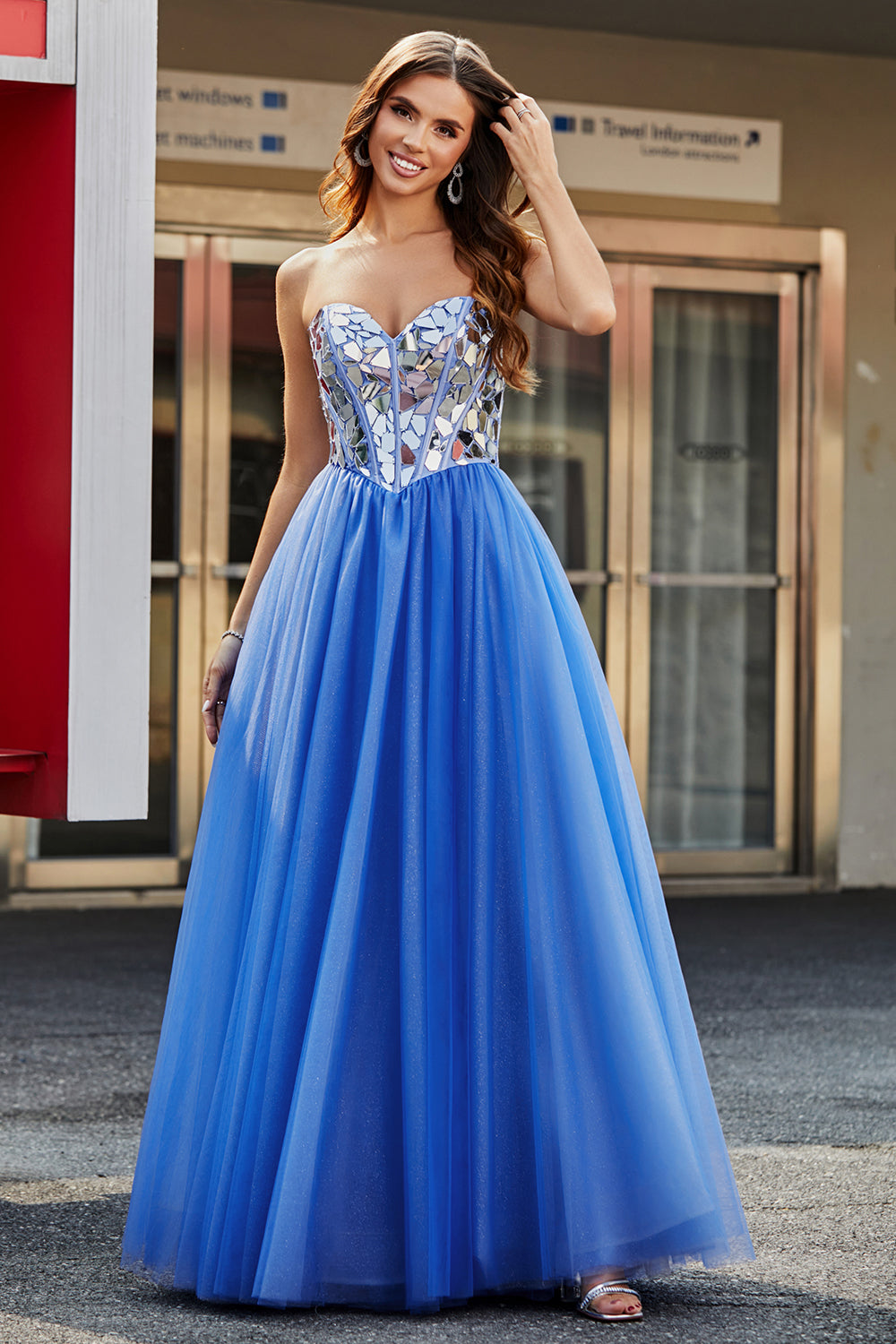 Leely Women Royal Blue Long Mirrors Corset Prom Dress A Line Sweetheart Evening Dress
