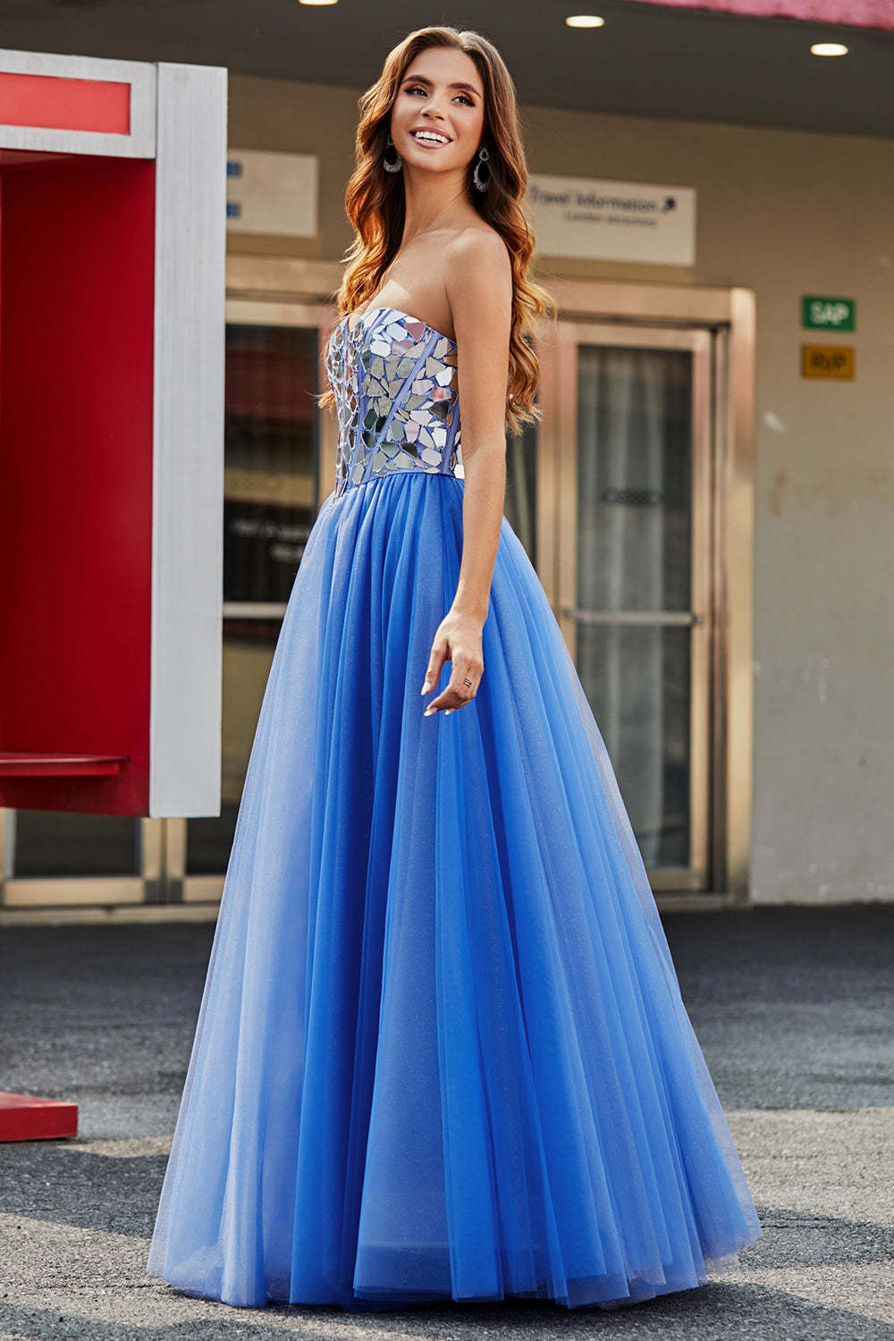Royal Blue A Line Sweetheart Long Mirrors Corset Prom Dress
