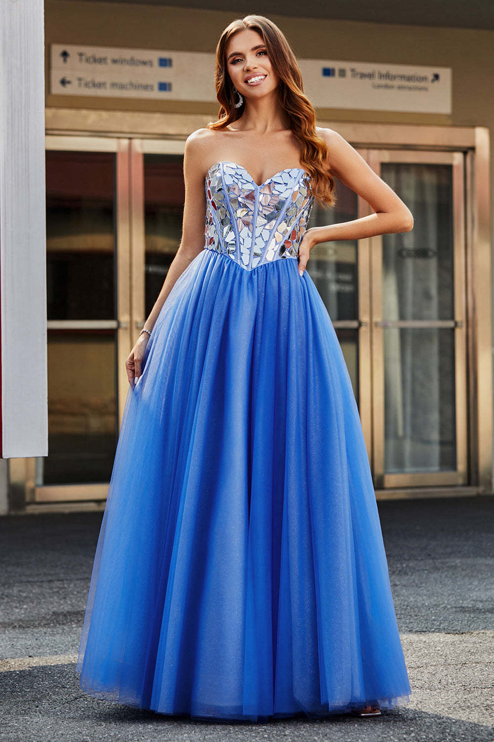 Royal Blue A Line Sweetheart Long Mirrors Corset Prom Dress