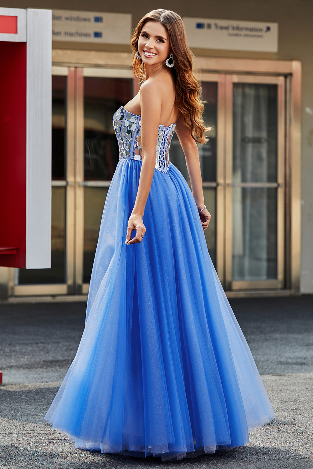 Royal Blue A Line Sweetheart Long Mirrors Corset Prom Dress