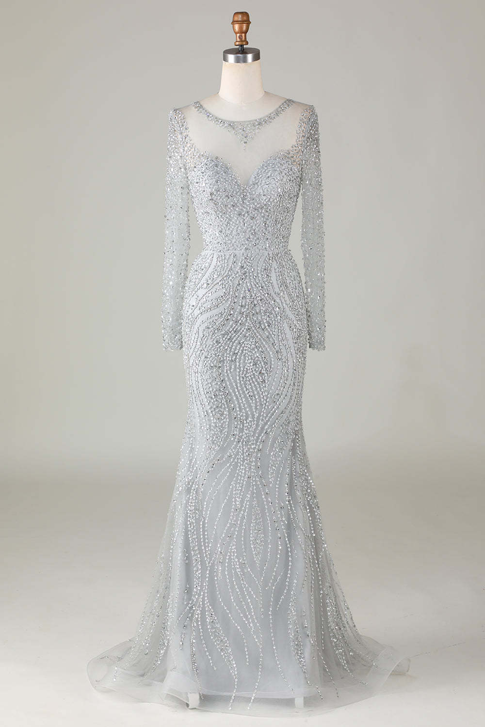 Leely Women Gorgeous Sparkly Grey Beaded Mermaid Long Prom Dress Boat Neck Formal Dress