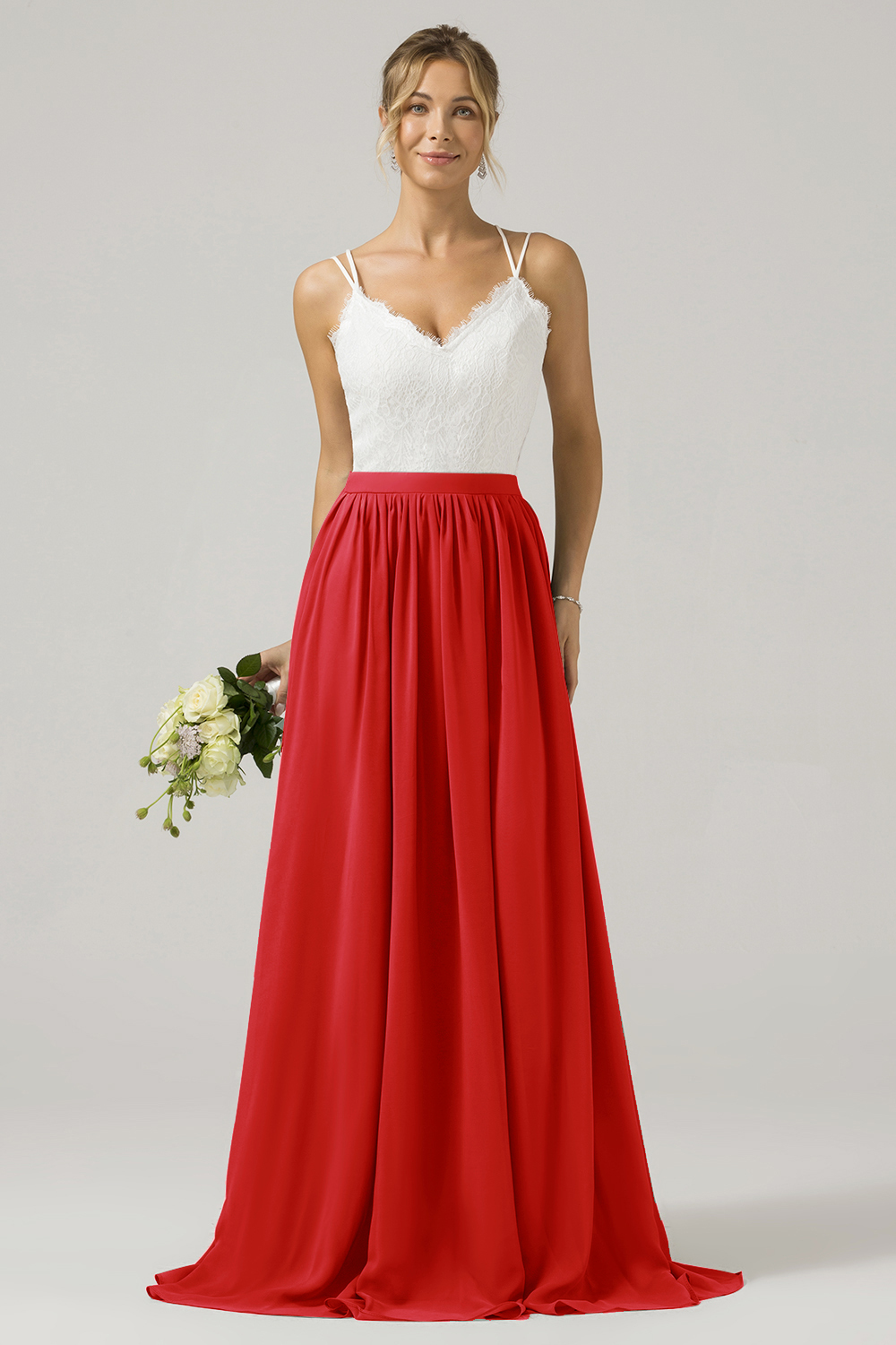 Eucalyptus A-Line Spaghetti Straps Pleated Long Bridesmaid Dress With Lace