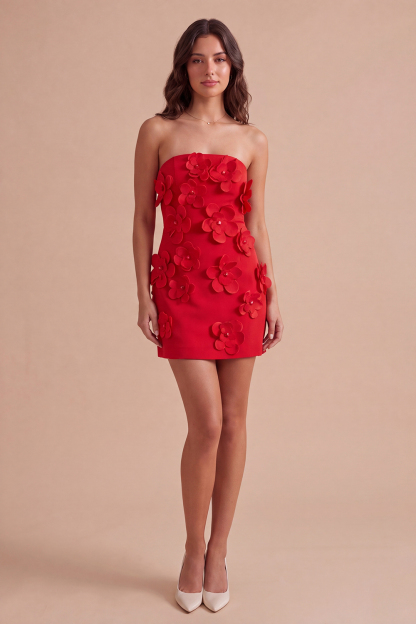 Hot Pink Floral Bodycon Strapless Short Homecoming Dress