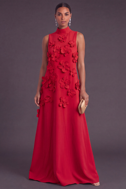Blue Floral High Neck A Line Long Formal Dress
