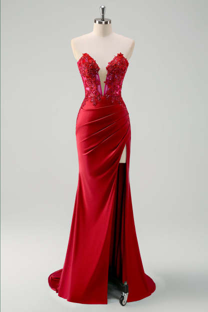 Green Mermaid Applique Strapless Ruched Prom Dress with Slit