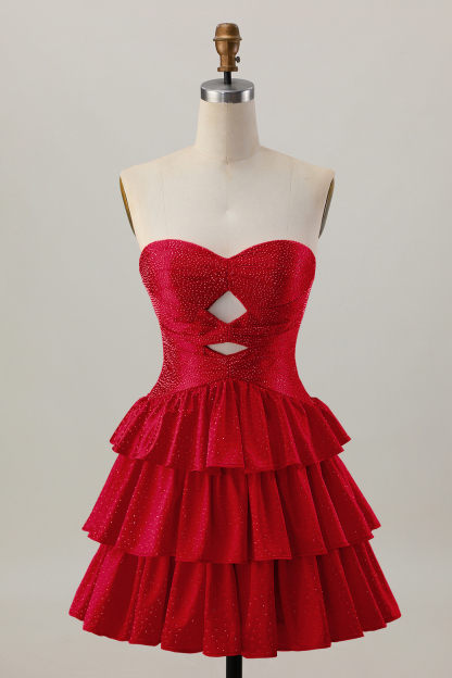 Sparkly Orange Strapless Tiered Keyhole Short Homecoming Dress with Ruffles