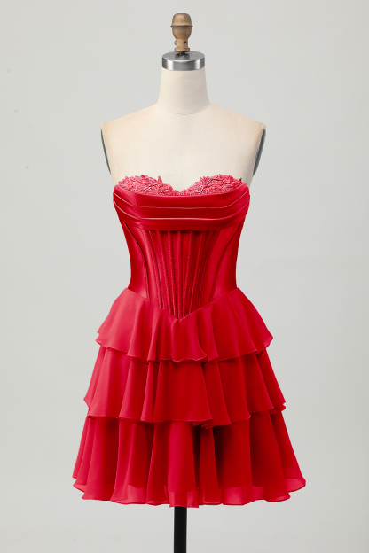 Yellow Sweetheart Corset Short Tiered Homecoming Dress with Appliques