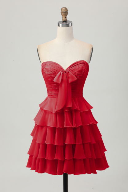 Leely Women Light Yellow Sweetheart Short Homecoming Dress with Bow Chiffon Ruched A Line Tiered Cocktail Dress with Ruffles