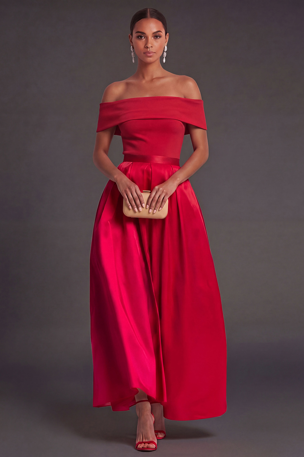 A Line Off the Shoulder Fuchsia and Red Backless Long Formal Dress