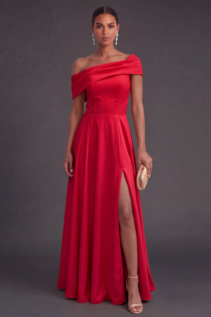 Yellow Off the Shoulder A Line Long Wedding Guest Dress with Slit