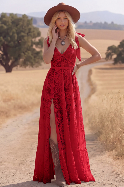 White Lace Bow Tie Straps A Line Maxi Boho Western Wedding Dress with Slit