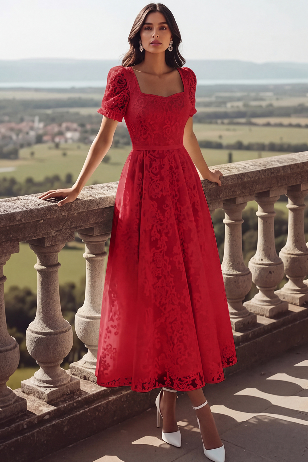White Lace Square Neck Long Wedding Reception Dress with Sleeves