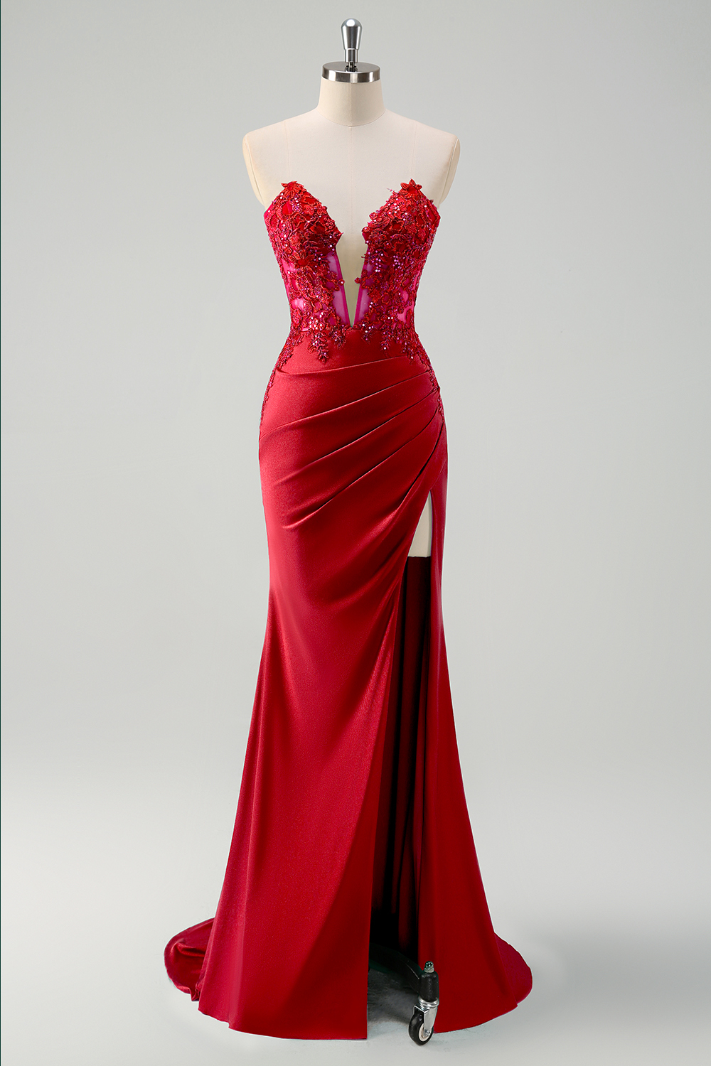 Green Mermaid Applique Sweetheart V-Neck Prom Dress with Slit