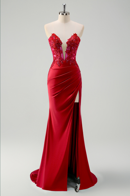 Green Mermaid Applique Sweetheart V-Neck Prom Dress with Slit