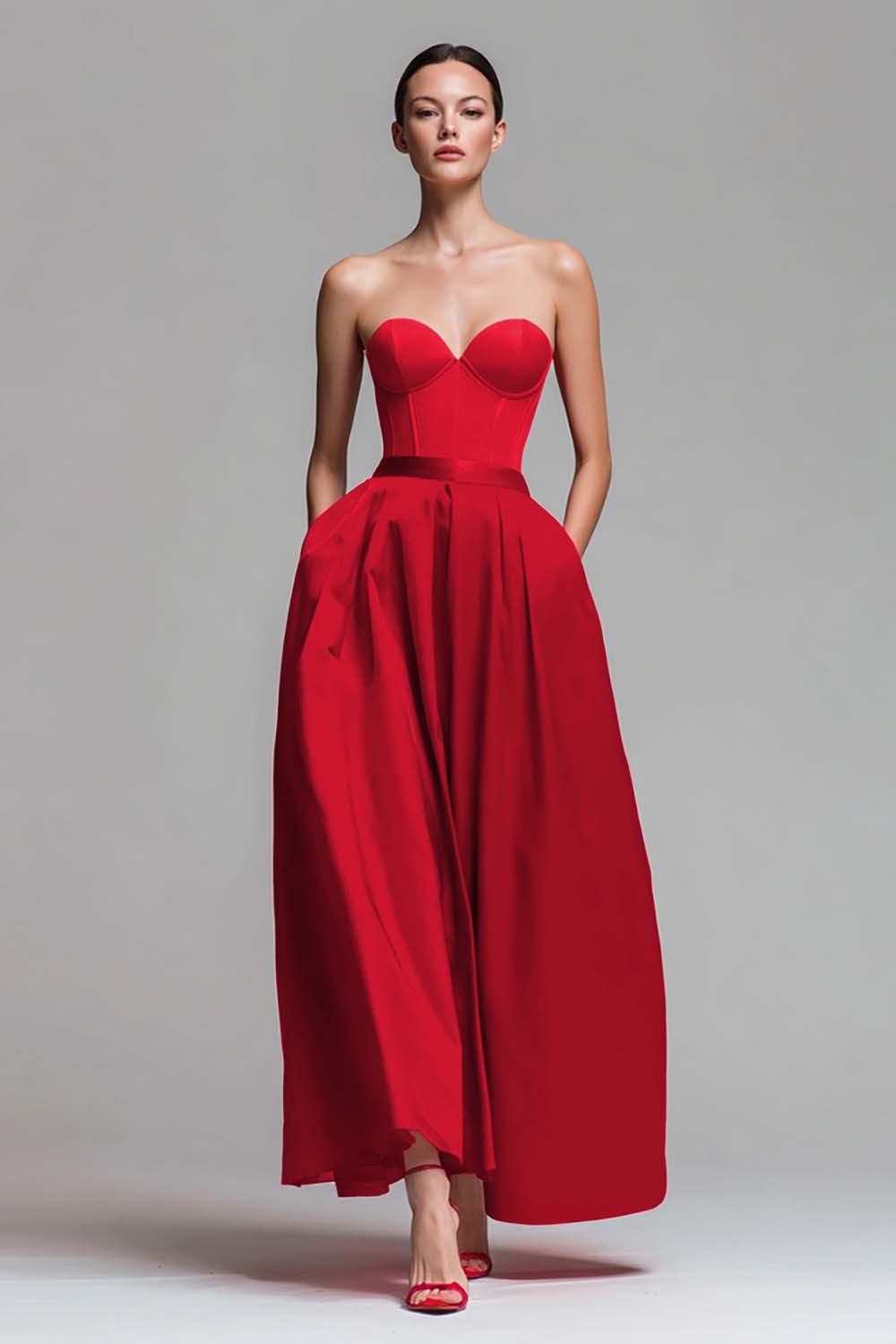 Red and Fuchsia Satin A Line Strapless Maxi Formal Dress