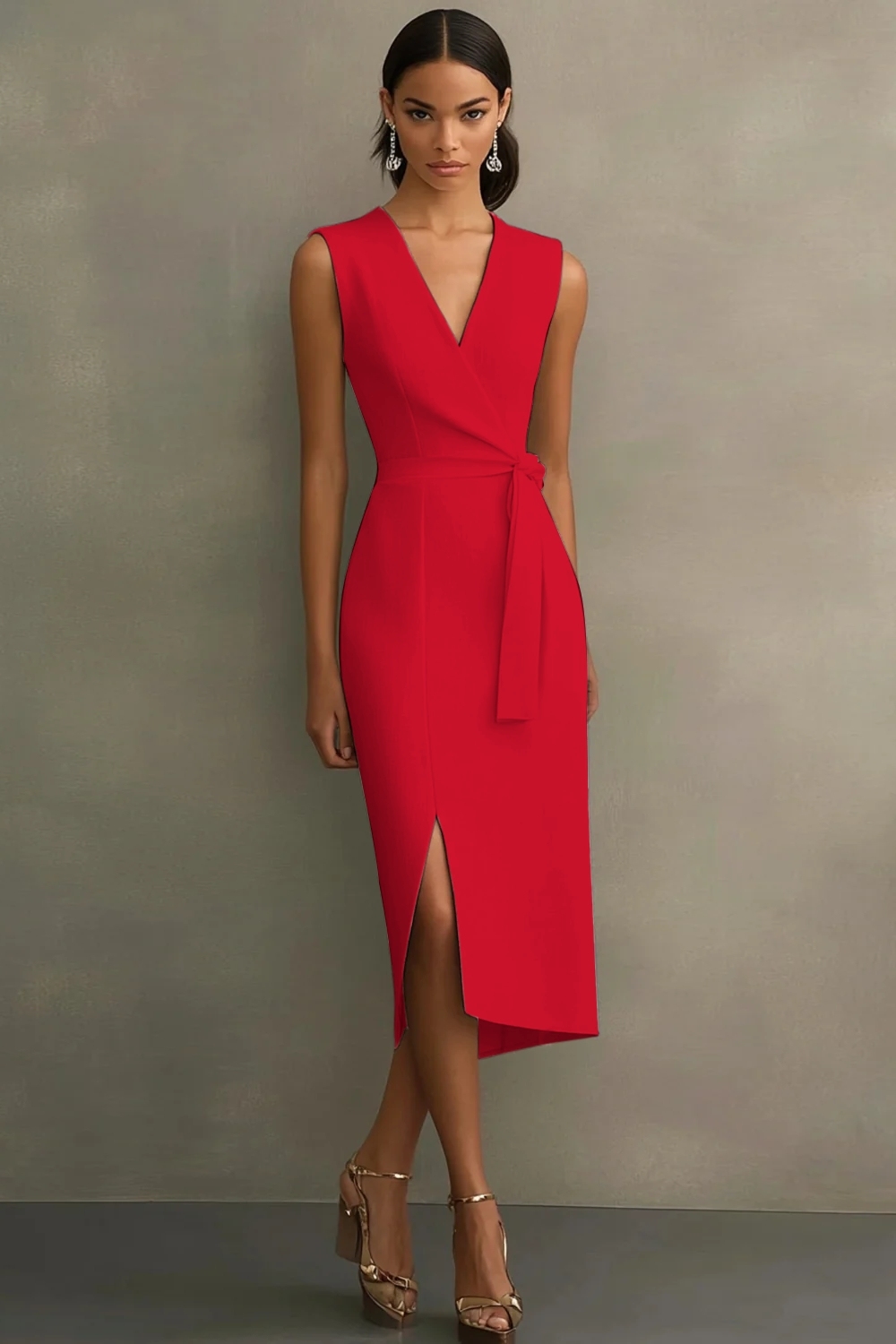 White Sheath V-Neck Tea Length Semi Formal Dress with Sash