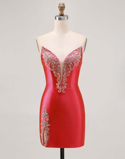 Sparkly Short Fuchsia Satin Tight Strapless Homecoming Dress with Rhinestones