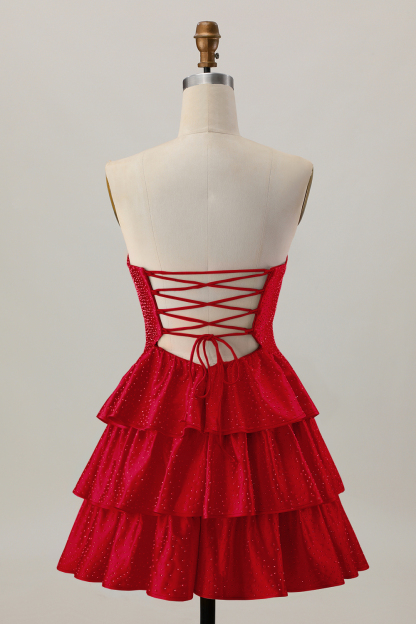 Sparkly Orange Strapless Tiered Keyhole Short Homecoming Dress with Ruffles