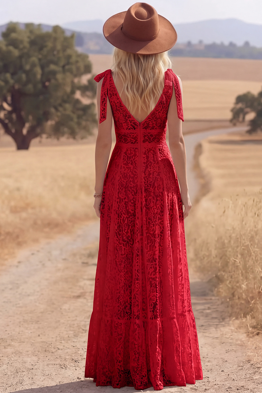 White Lace Bow Tie Straps A Line Maxi Boho Western Wedding Dress with Slit